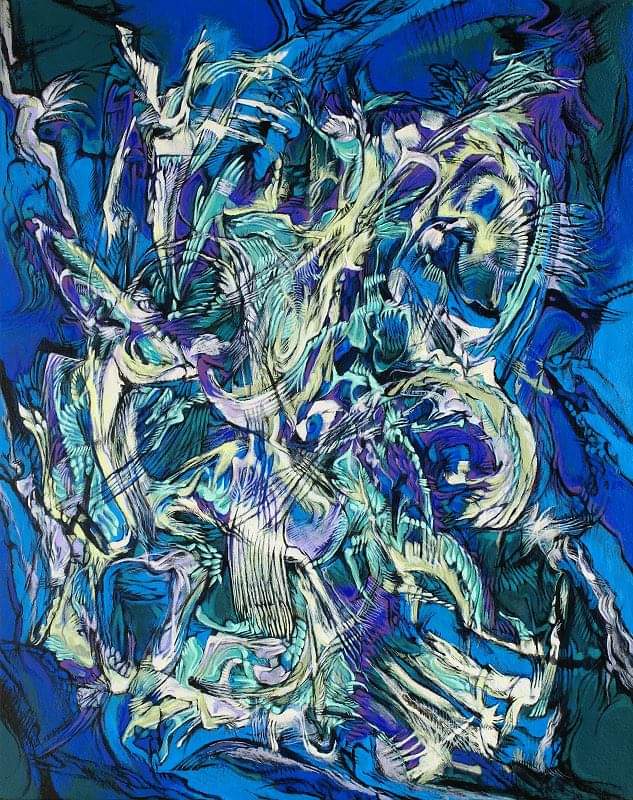"Indigo Entourage" 20"x16" acrylic on gallery wrap canvas Painted in 2014