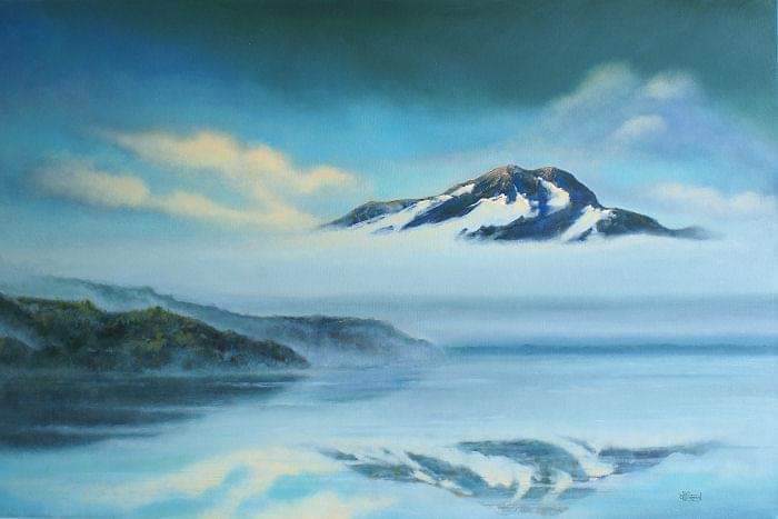 "Peaceful Reflections On A New Day" 24"x36" oil on gallery wrap canvas Painted in 2011. Interestingly enough, my wife came into the studio and saw what was on the easel, and said, "That one is mine!" ...and so it was.